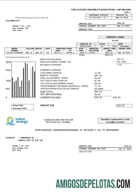 realista Modelo de conta de serviços públicos de energia Yukon do Canadá em formatos Word e PDF